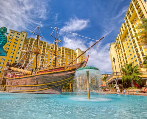 Pirate ship and swimming pool at Lake Buena Vista Resort in Orlando